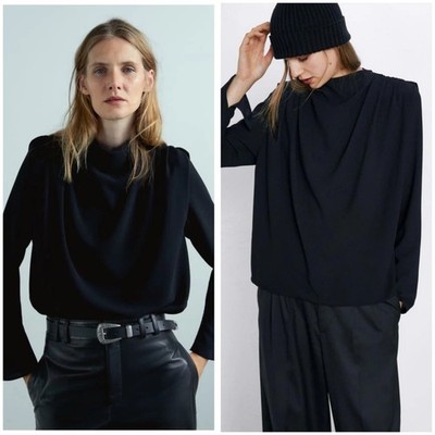 NWT Zara Timeless Collection Pleated Top Black 8345/840 Size Medium Chic Classic