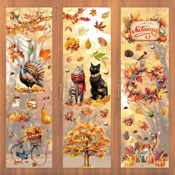 76 StüCk Fensterbilder Herbst - Katze KüRbis Ahornblatt Herbstdeko Fenster Selbs-image