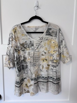 Christopher Banks V Neck XL Blouse Newsprint White Yellow Vintage Look