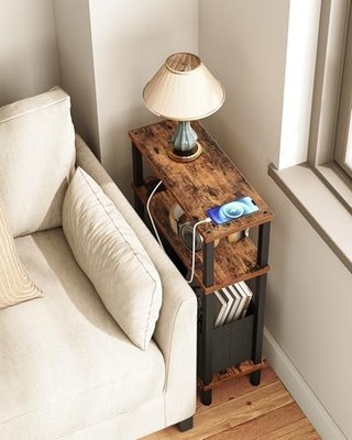 Small Narrow Side Table with Charging Station, Skinny 1 Rustic Brown + Black