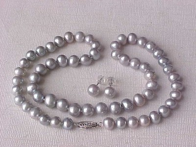 17'' 7MM AAA SILBER GRAU PERLENKETTE & OHRSTECKER MASSIV 14K WEISSGOLD