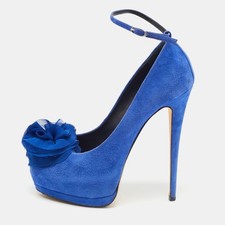 Giuseppe Zanotti Blue Suede Flower Applique Peep Toe Platform Ankle Strap Pumps