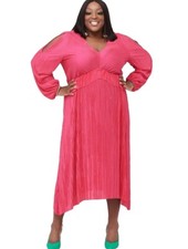 JUDI LOVE by VERY hot pink long split sleeve plisse V neck midi dress size 14,24
