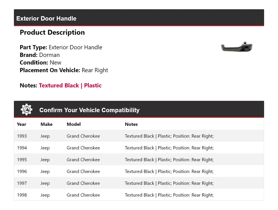 For 1993-1998 Jeep Grand Cherokee Dorman Exterior Door Handle Rear Right 1994 - Image 2 of 4