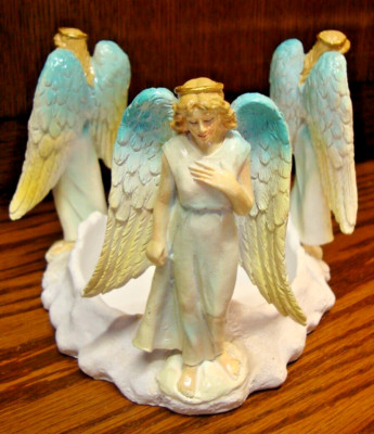 Vtg Cherub Angel Pedestal Figurine Candle Holder White Gold Teal~Centerpiece 824