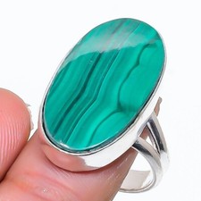Natural Green Malachite Gemstone 925 Sterling Silver Jewelry Ring Size 8.5 US 