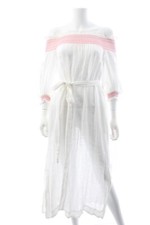 Lisa Marie Fernandez Embroidered Smocked Linen Midi Dress / White/Pink