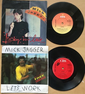 MICK JAGGER SINGLES X 2 80'S UK CBS VINYL 7 '' 45 SINGLE A 6213 & 651028 POSTER