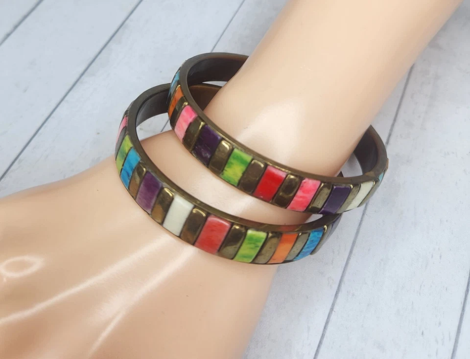Brazalete Brazalete Vintage Latón e Incrustaciones Coloridas Mosaico Bohemio Chic Foto 3 de 4