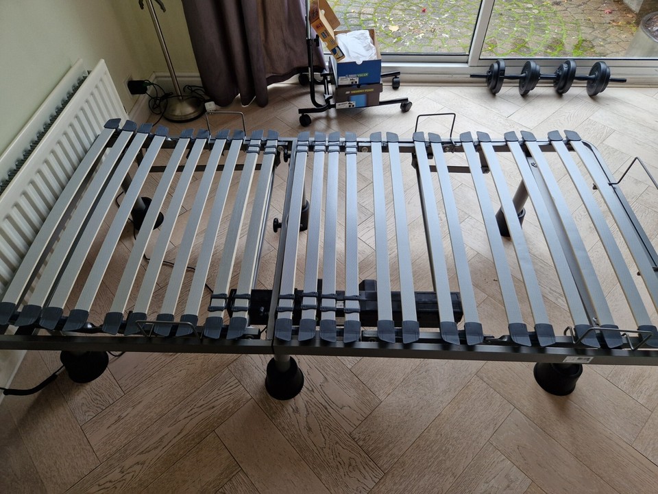 Adjustable bed frame, with electric remote control, mattress and riser