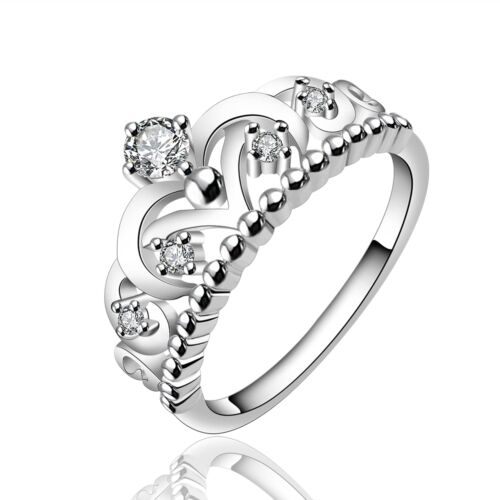 Women 925 Sterling Silver Filled Crystal Queen Princess Crown Band Ring Jewelry - Picture 1 of 8