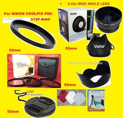 23pcs: 0.43X WIDE ANGLE LENS 52mm+ ADAPTER RING to CAMERA NIKON COOLPIX P80 
