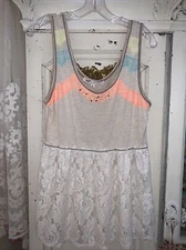 Jolt Womans Large Boho Tunic Tank Top Floral Lace Peplum Festival Artsy Colorful