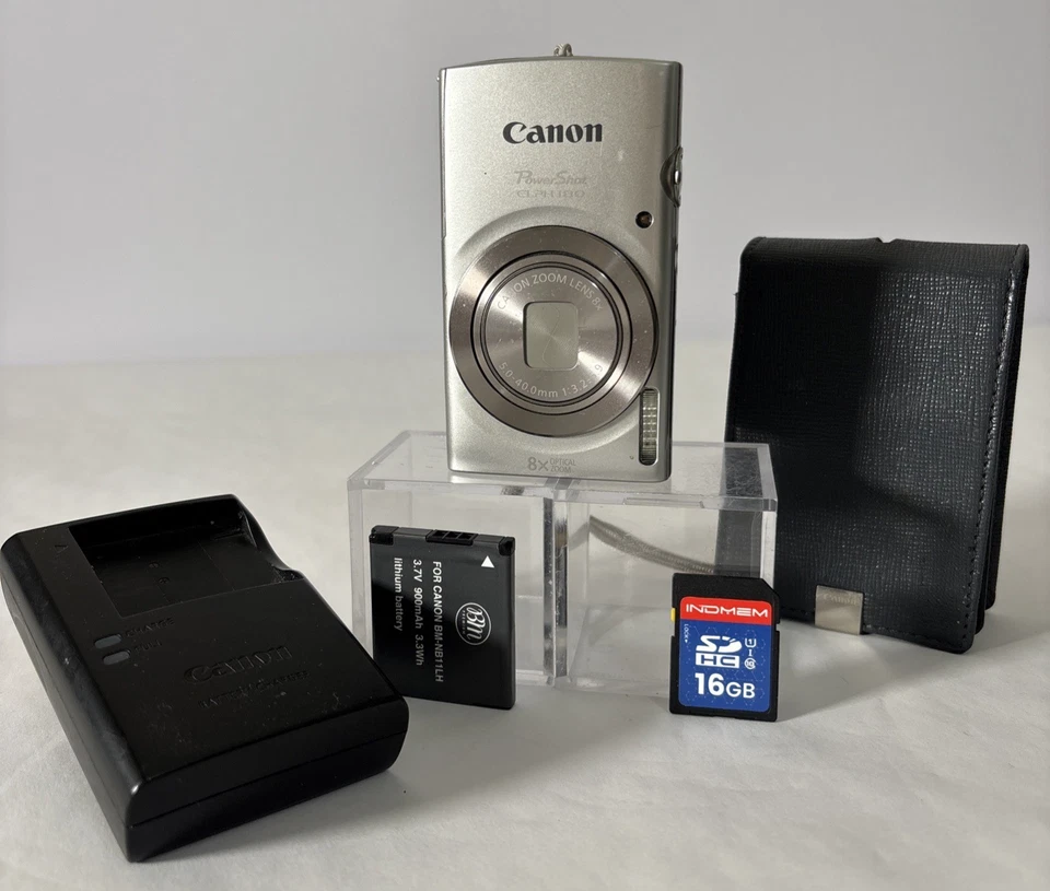 Cámara digital Canon PowerShot ELPH 180 20 MP - plateada - cargador, tarjeta, estuche Foto 2 de 4