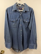 Wrangler Vtg Shirt X-Long Tails Long Sleeve Pearl Snaps Blue Chambray 16 1/2-34
