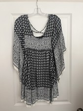 Free People Heart Of Gold BOHO Mini Dress Black White Floral Babydoll Frayed XS