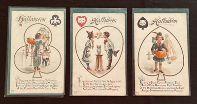 3. Vintage Postcards Halloween SAME SERIES Black Cat JOL Victorian Children Owl