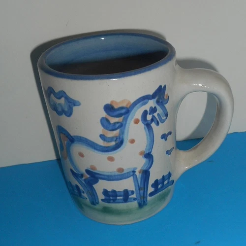 MA Hadley Pottery Horse Mug/Coffee Cup 3-3/4 In. w/Blue Rim~Signed~ Vintage