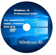 Windows 10 Professional 64bit For Installation, repair, recovery DVD Disk