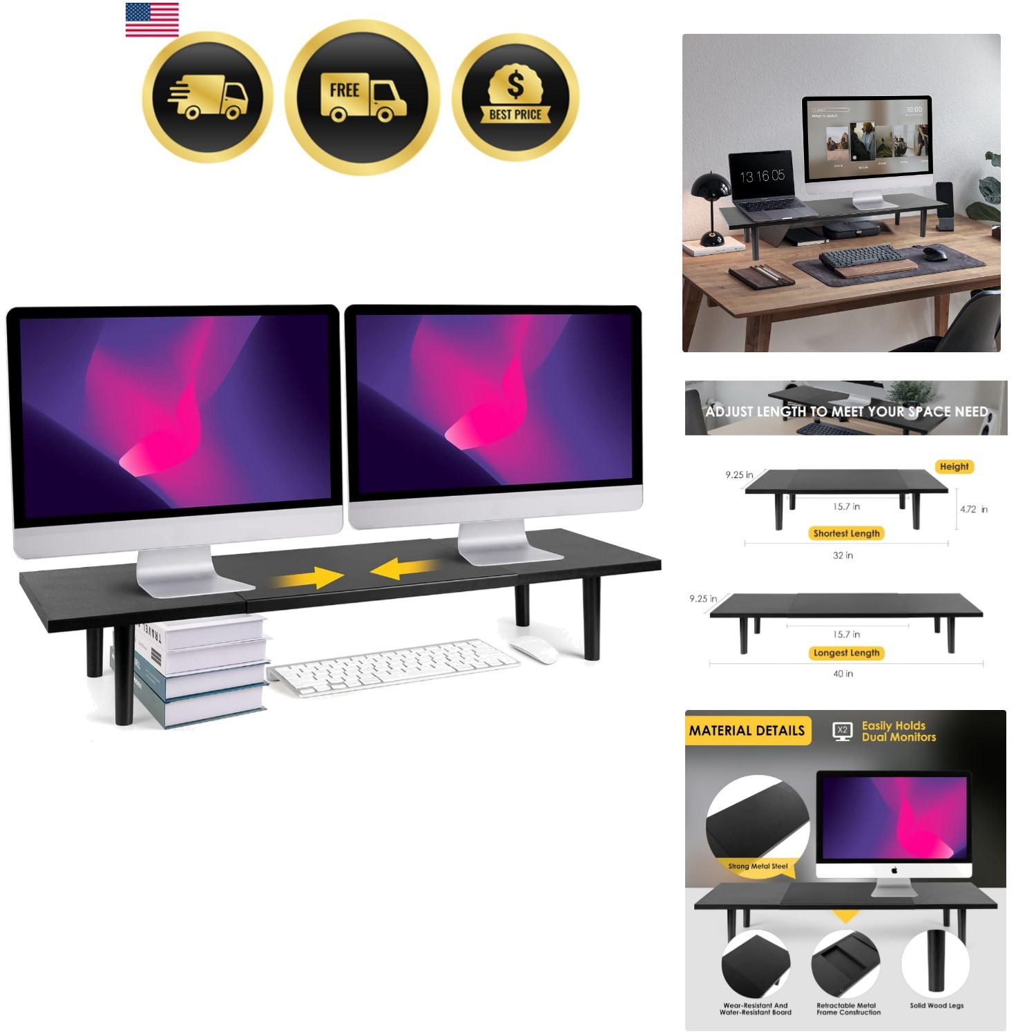 Dual-Monitor-Stand-Riser-For-Desk Adjustable Length 32-40 In