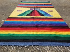 Vintage Handmade Mexican Serape Wool Multicolor Kilim Blanket 6.7x3.9 ft