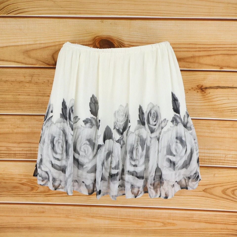 ELLE Accordion Skirt Womens Size S Ivory Floral 100% Poly Elastic Waist Lined - Image 2 of 4
