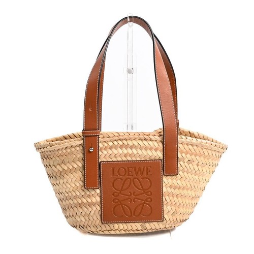 LOEWE Basket Bag Small Tan Raffia Leather Tote Brown Silver Auth