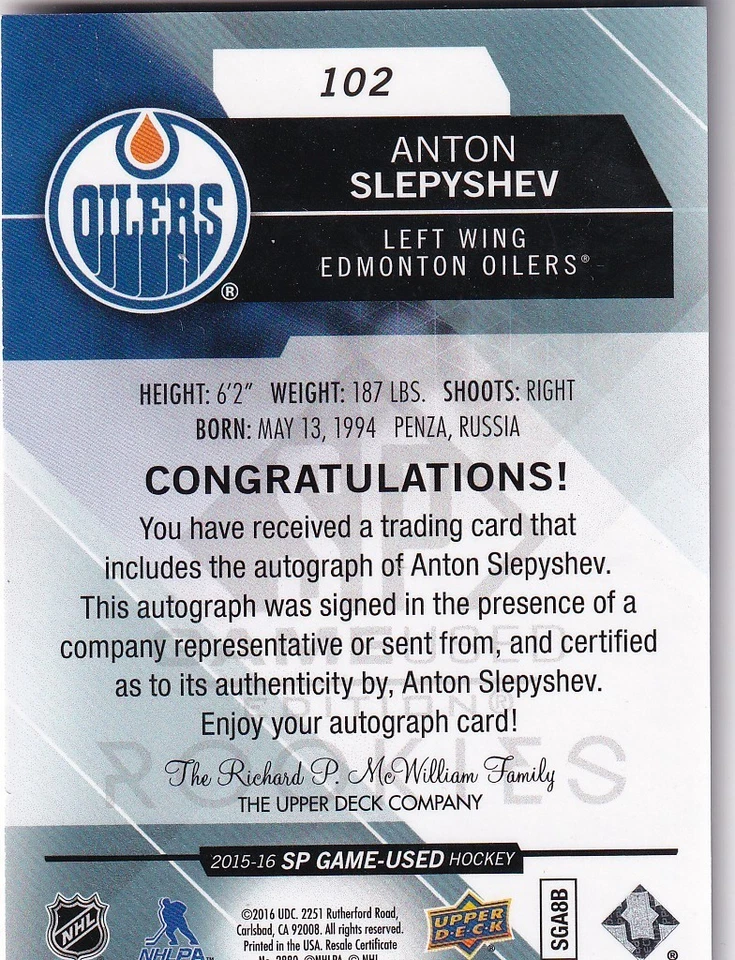 2015-16 SP Game Used Autographs Blue #102 Anton Slepyshev RC - Image 2 of 2