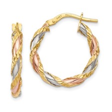 14k Tricolor Gold Twisted Hoop Earrings Italian Braided Design for Women 20 mm