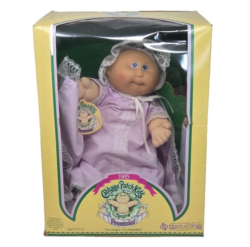 VINTAGE CABBAGE PATCH KIDS DOLL PREEMIE BALD PURPLE OUTFIT IN ORIGINAL BOX