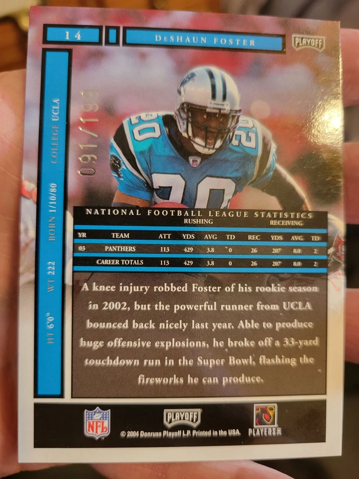 2004 Playoff Honors Xs /199 DeShaun Foster #14 Panthers - Image 2 of 2