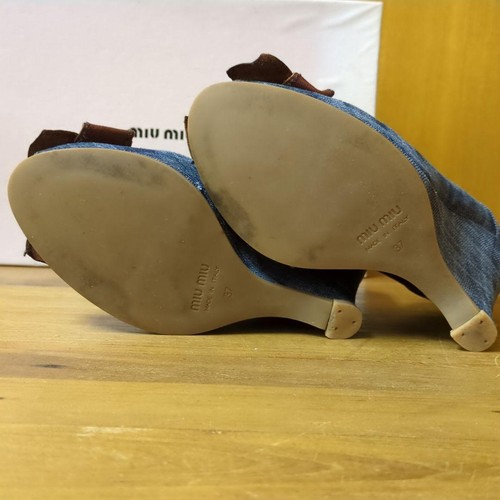 Miu Miu Blue Denim Wedge Peep-Toe Heels with Brown Leather Bows - EU 37 JAPAN - Picture 23 of 24