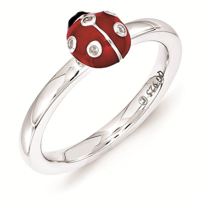 Sterlingsilber stapelbar Damen Käfer Ring rot & schwarz Emaille, QSK1542