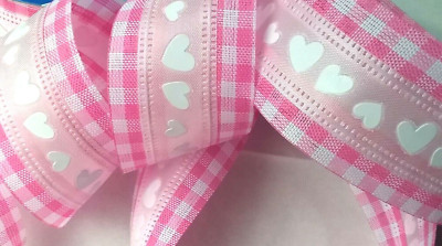 Valentines Day 1.5'' by 2 yard Wired Ribbon White Vinyl Hearts Pink Gingham Satin