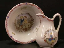19 c Villeroy & Boch Miniature Transferware Pitcher &Bowl Ironstone Doll Nursery