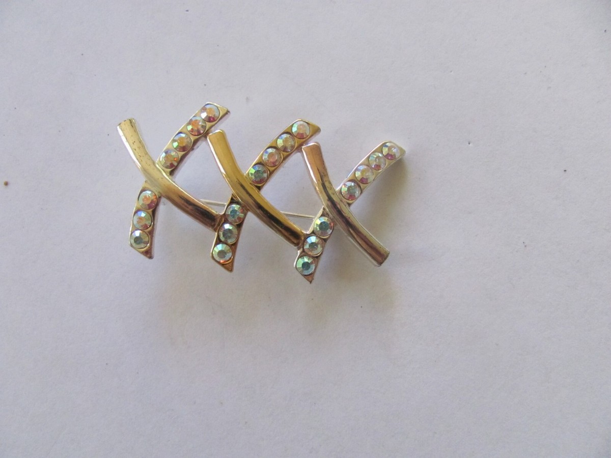 あい♡ 雑貨 Vtg Signed AAI Brooch Pin Gold Silver Tone Rhinestones XOXO hugs