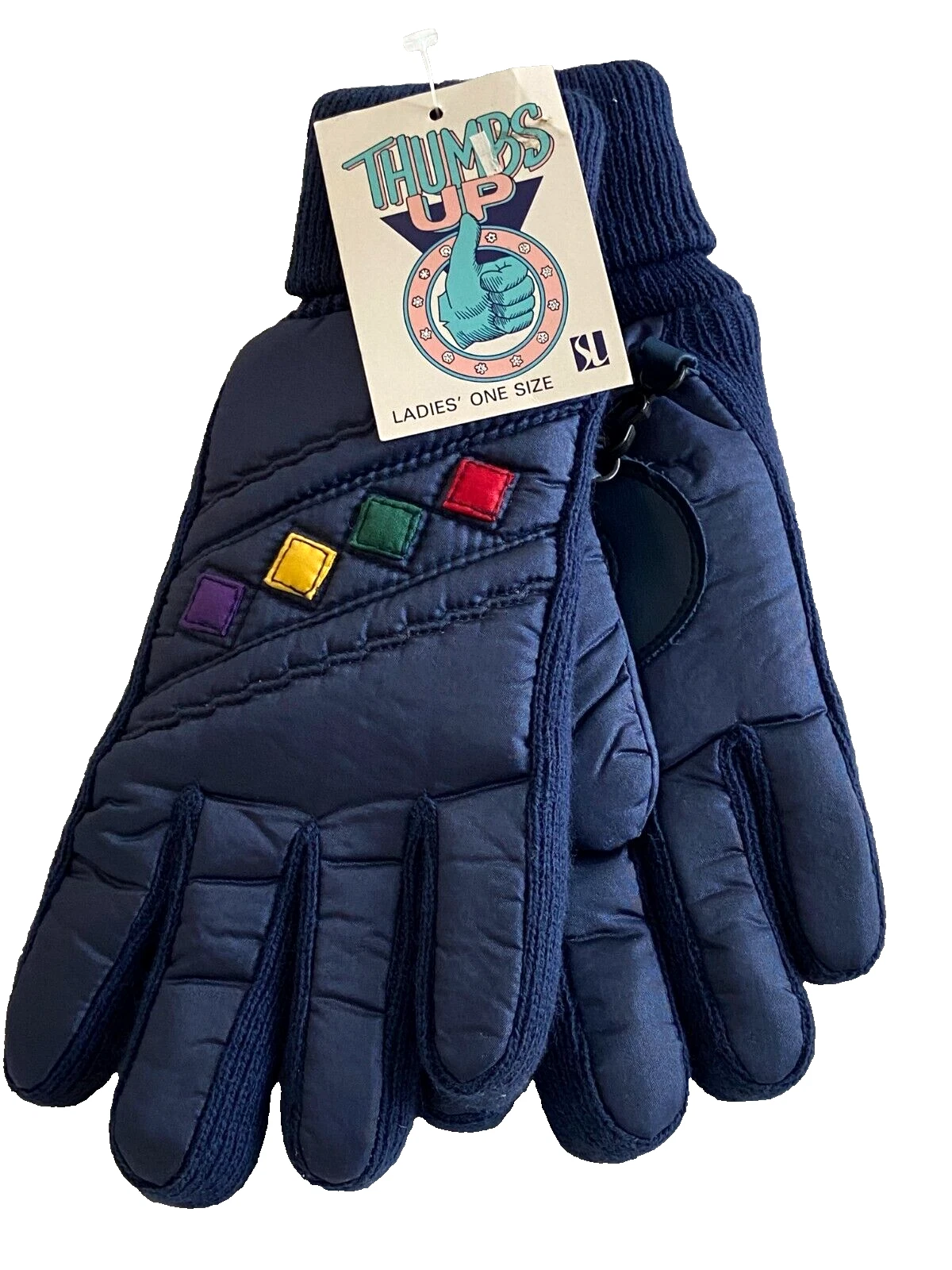Vintage NOS Thumbs Up Navy Blue w/ Color Blocks Snow Ski Gloves ~Ladies One Size