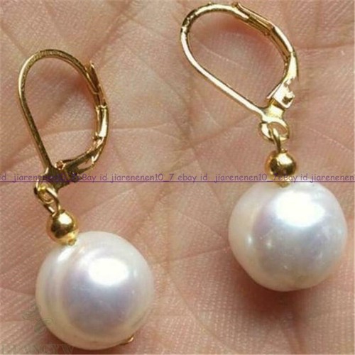 Natural 9-10mm South Sea White Pearl Pendant Gold Hook Earrings Z3464 - Picture 5 of 12