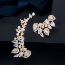 Women Shiny Gold Plated CZ Zirconia Long Cuff Climber Asymmetrical Stud Earrings