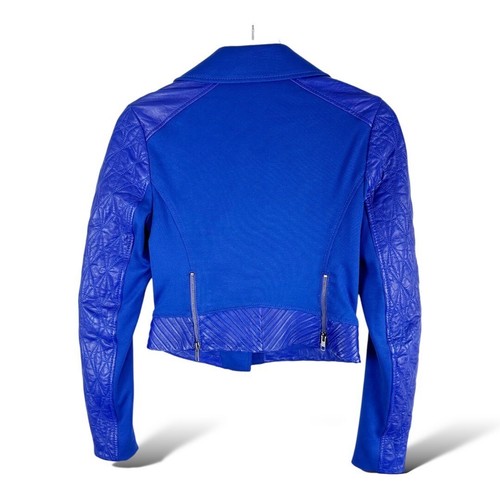 Catherine Malandrino Yellow Label Blue Lambskin & Rayon Cropped Moto Jacket Size - Picture 2 of 8