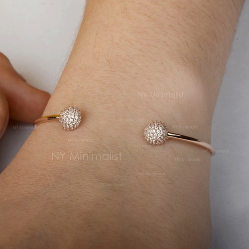 Real Diamond Cluster Parallel Ball Open Bangle Solid 14K Yellow Gold Cuff Bangle - Picture 2 of 8