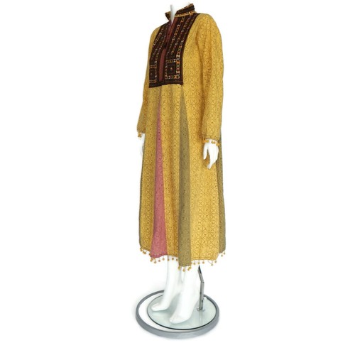 Vintage Block Print Embroidery Dress Indian Ochre Hippie Rainbow Pom Pom M/L 159 - Picture 6 of 8