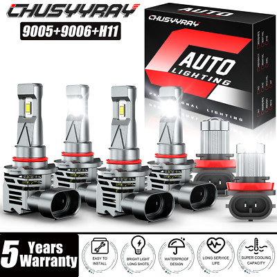 6x Combo LED 9005+9006+H11 Headlight Fog Light Kit High Low Beam Bulbs White