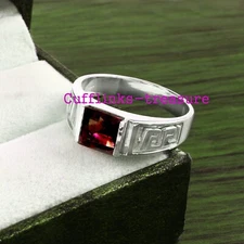 Natural Garnet Gemstone with 925 Sterling Silver Ring for Men's #3459