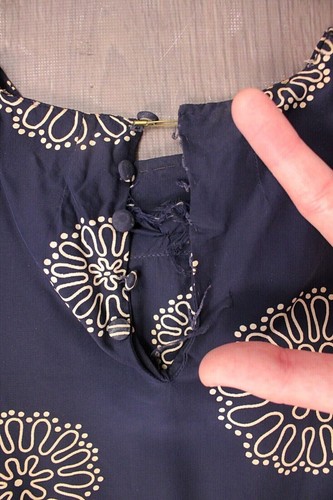 VTG Women's 30s Navy & White Patterned Rayon Dress 1930s Pleated Bodice Neck Bow - Picture 5 of 11