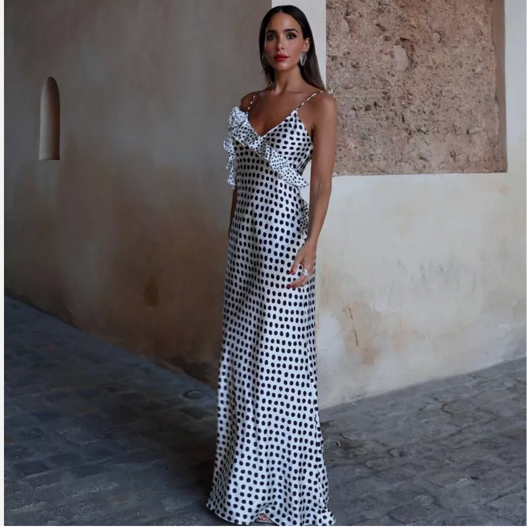 ZARA RUFFLED POLKA DOT SATIN EFFECT DRESS BLACK WHITE XS S M NWT