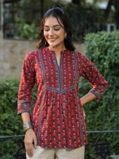 Cotton Ethnic Motifs Printed Pure Maroon Cotton A-Line Women Kurti