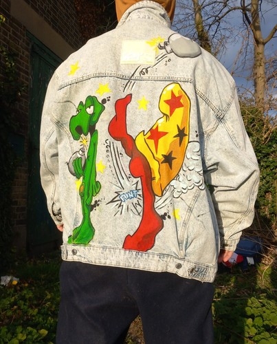 Original Hand Painted Graffiti Street Art Jacket Large Denim Jacket vintage - Picture 3 of 5
