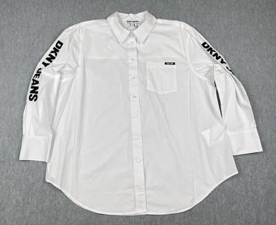 DKNY Jeans Shirt Mens 2XL White Logo Graphic Long Sleeve Button Up Streetwear