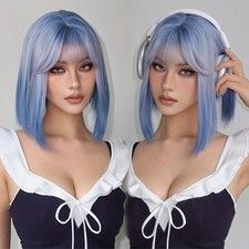 12in Blue Grey Ombre Short Bob Wig Synthetic Hair Wig Fashion Cosplay Hairpiece
